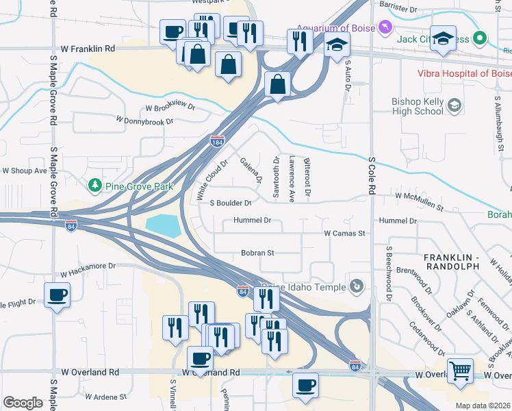 map of restaurants, bars, coffee shops, grocery stores, and more near 7936 Hummel Drive in Boise