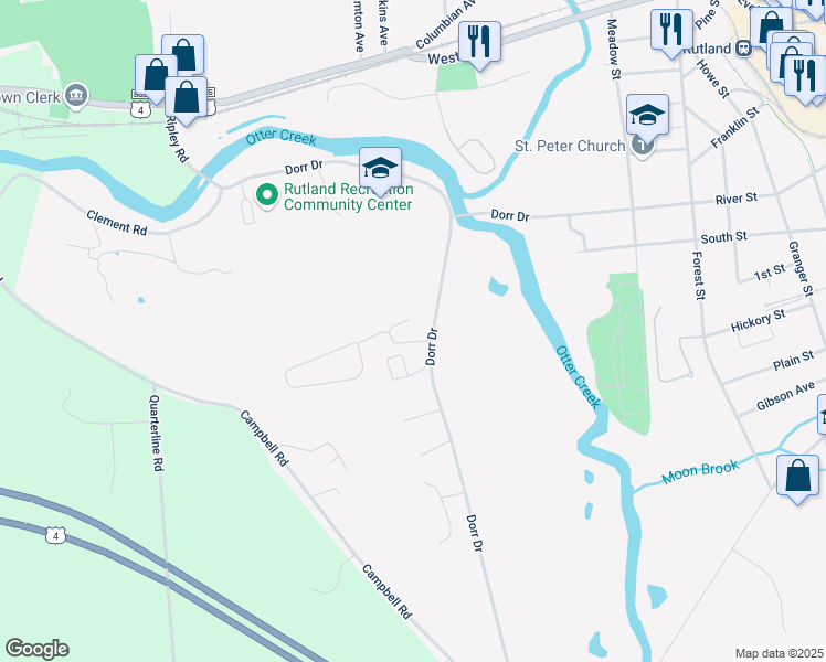 map of restaurants, bars, coffee shops, grocery stores, and more near 149 Dorr Drive in Rutland