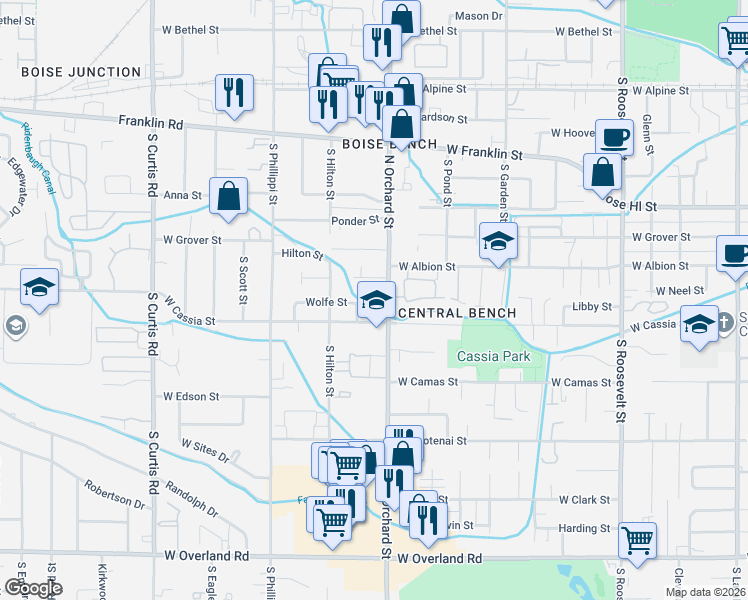 map of restaurants, bars, coffee shops, grocery stores, and more near 799 South Orchard Street in Boise