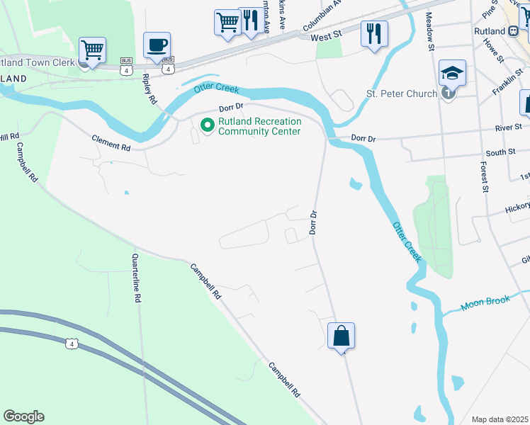 map of restaurants, bars, coffee shops, grocery stores, and more near 22 Stoneridge Drive in Rutland