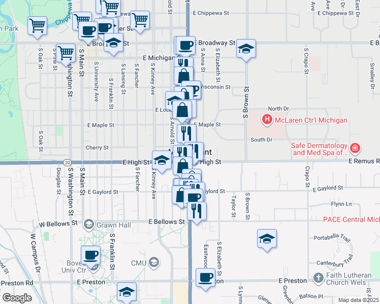 map of restaurants, bars, coffee shops, grocery stores, and more near 705 South Mission Street in Mount Pleasant