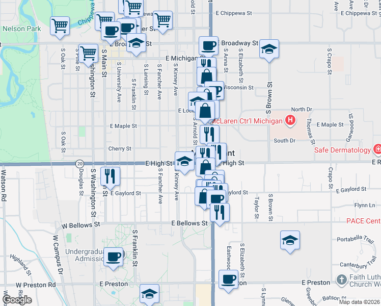 map of restaurants, bars, coffee shops, grocery stores, and more near South Arnold Street in Mount Pleasant