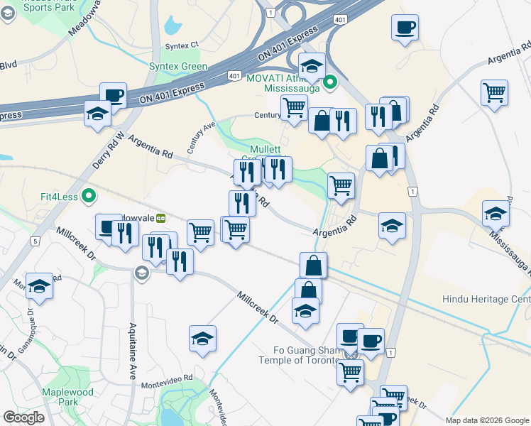 map of restaurants, bars, coffee shops, grocery stores, and more near 2250 Argentia Road in Mississauga