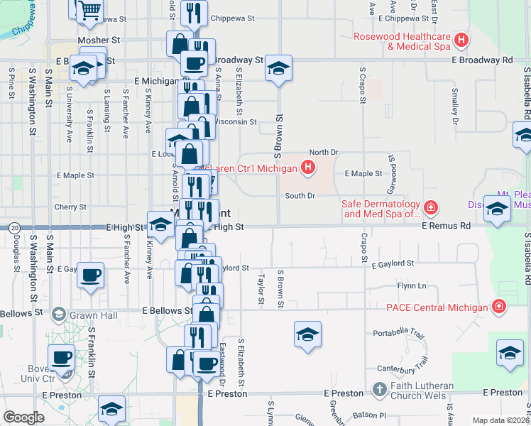 map of restaurants, bars, coffee shops, grocery stores, and more near 1103 East High Street in Mount Pleasant