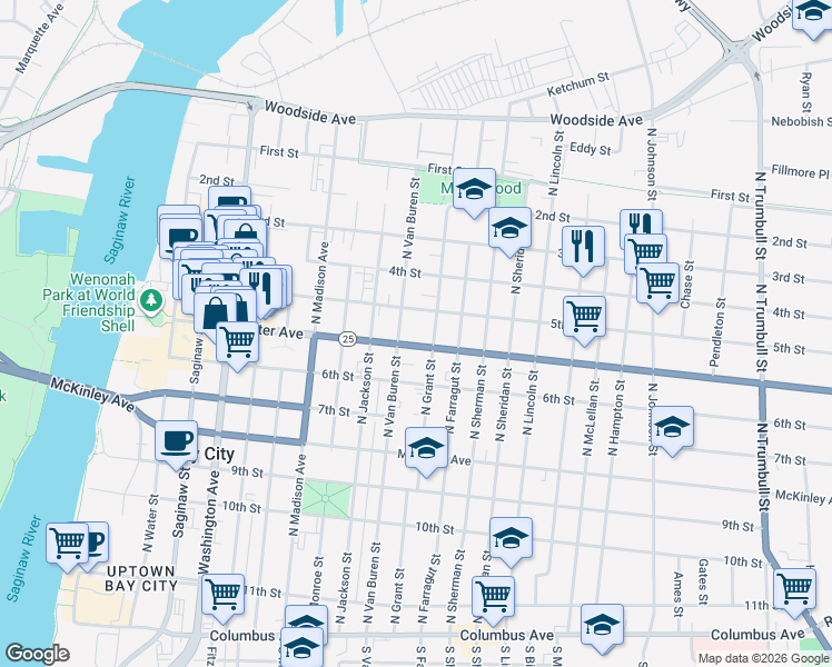 map of restaurants, bars, coffee shops, grocery stores, and more near 1001 Center Avenue in Bay City