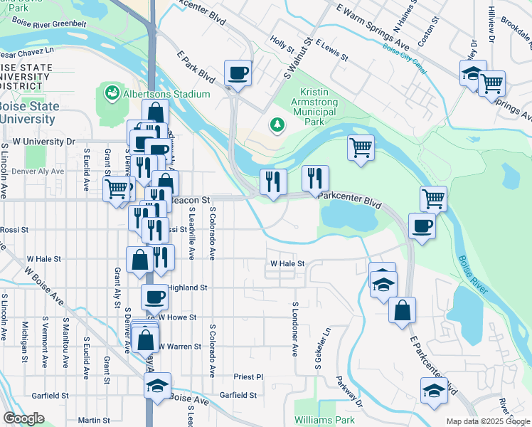 map of restaurants, bars, coffee shops, grocery stores, and more near 475 West Parkcenter Boulevard in Boise