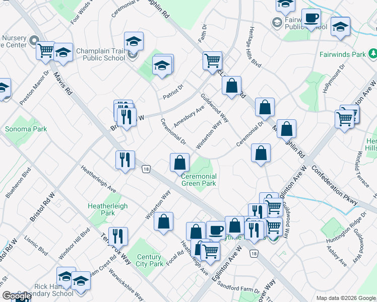 map of restaurants, bars, coffee shops, grocery stores, and more near in Mississauga