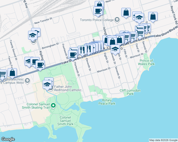 map of restaurants, bars, coffee shops, grocery stores, and more near 72 Eleventh Street in Toronto