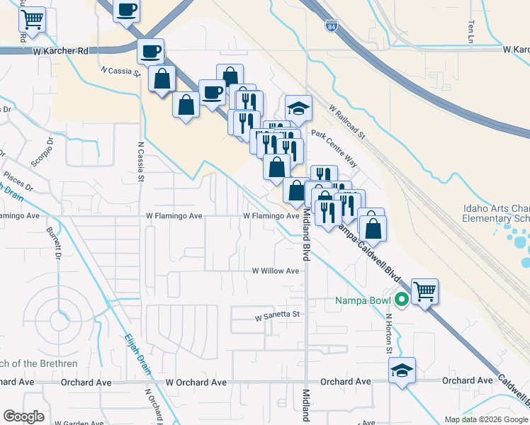 map of restaurants, bars, coffee shops, grocery stores, and more near 1117 West Flamingo Avenue in Nampa