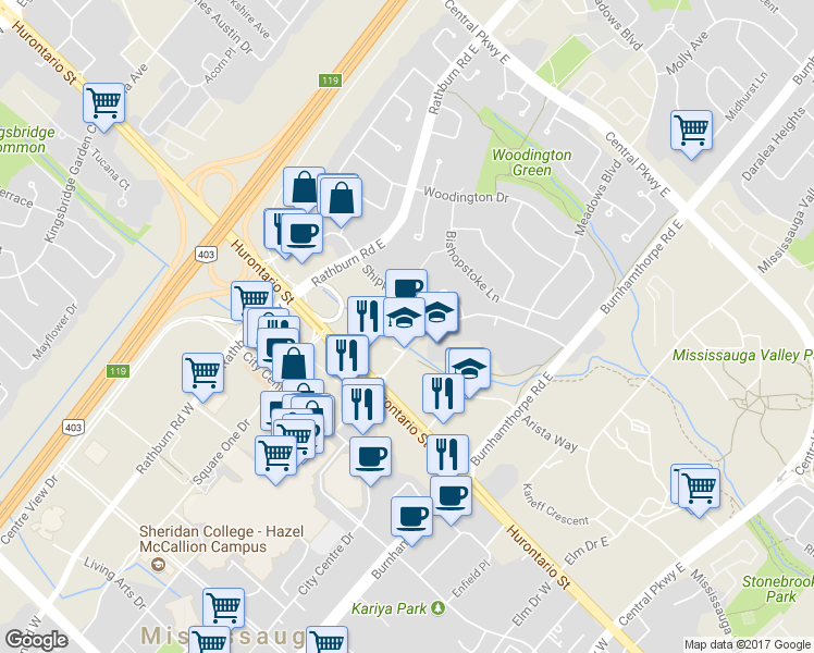 map of restaurants, bars, coffee shops, grocery stores, and more near 3 Robert Speck Parkway in Mississauga