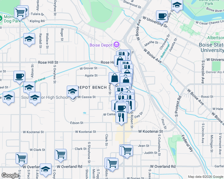 map of restaurants, bars, coffee shops, grocery stores, and more near 714 Pearl Street in Boise