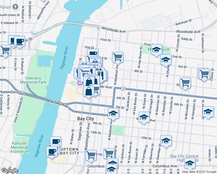 map of restaurants, bars, coffee shops, grocery stores, and more near 515 Center Avenue in Bay City