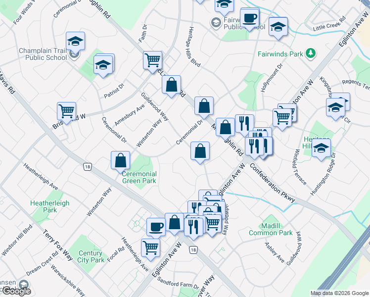 map of restaurants, bars, coffee shops, grocery stores, and more near 5132 Guildwood Way in Mississauga
