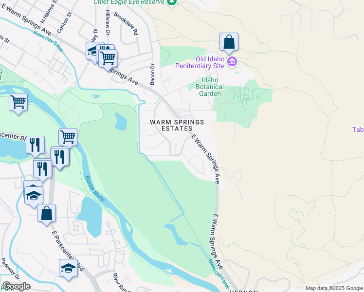 map of restaurants, bars, coffee shops, grocery stores, and more near 2205 East Walling Drive in Boise
