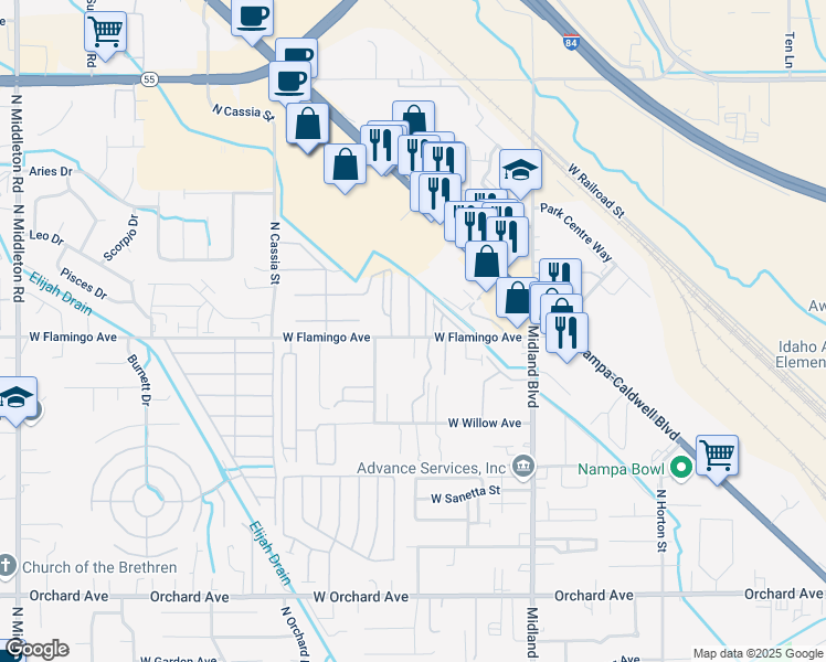 map of restaurants, bars, coffee shops, grocery stores, and more near 1319 West Flamingo Avenue in Nampa