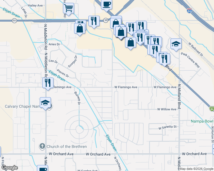 map of restaurants, bars, coffee shops, grocery stores, and more near 1845 West Flamingo Avenue in Nampa