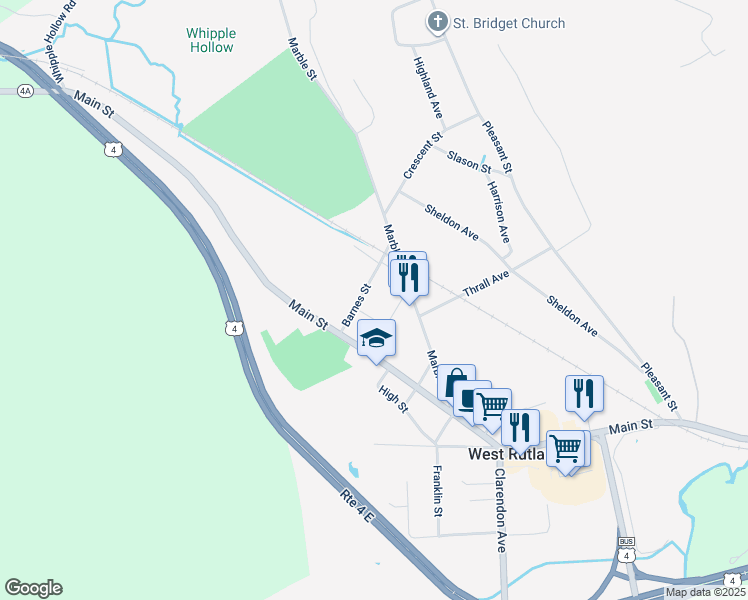 map of restaurants, bars, coffee shops, grocery stores, and more near 99 Smith Street in West Rutland