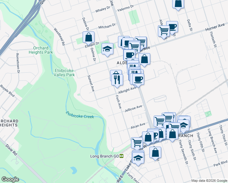 map of restaurants, bars, coffee shops, grocery stores, and more near 87 Foch Avenue in Toronto