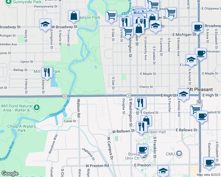 map of restaurants, bars, coffee shops, grocery stores, and more near 715 South Oak Street in Mount Pleasant