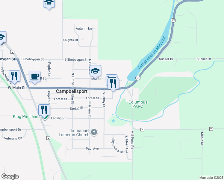 map of restaurants, bars, coffee shops, grocery stores, and more near 511 East Main Street in Campbellsport