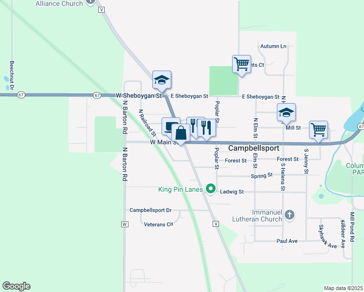 map of restaurants, bars, coffee shops, grocery stores, and more near 121 South Fond Du Lac Avenue in Campbellsport