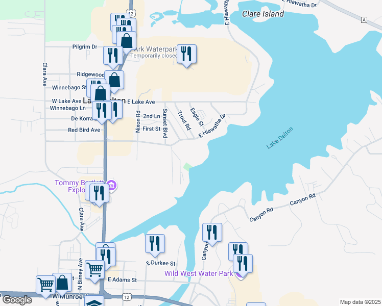 map of restaurants, bars, coffee shops, grocery stores, and more near 350 East Hiawatha Drive in Wisconsin Dells