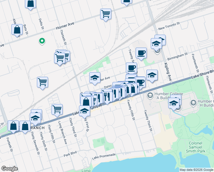 map of restaurants, bars, coffee shops, grocery stores, and more near 48 Daisy Avenue in Toronto