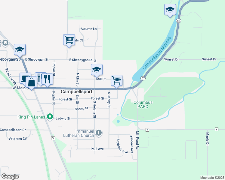 map of restaurants, bars, coffee shops, grocery stores, and more near 511 East Main Street in Campbellsport
