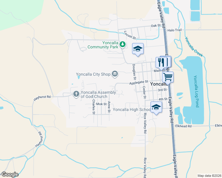 map of restaurants, bars, coffee shops, grocery stores, and more near 727 Hayhurst Road in Yoncalla