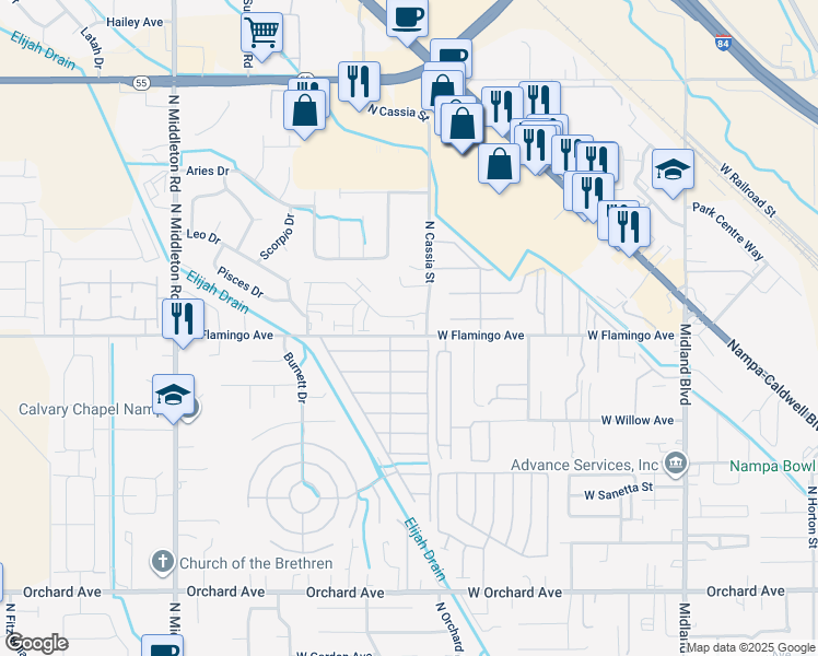 map of restaurants, bars, coffee shops, grocery stores, and more near 1845 West Flamingo Avenue in Nampa