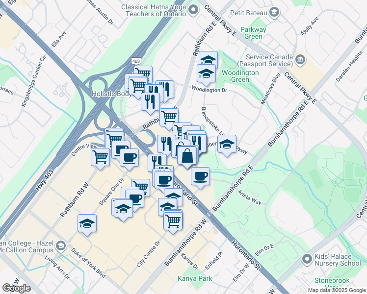 map of restaurants, bars, coffee shops, grocery stores, and more near 1 Robert Speck Parkway in Mississauga