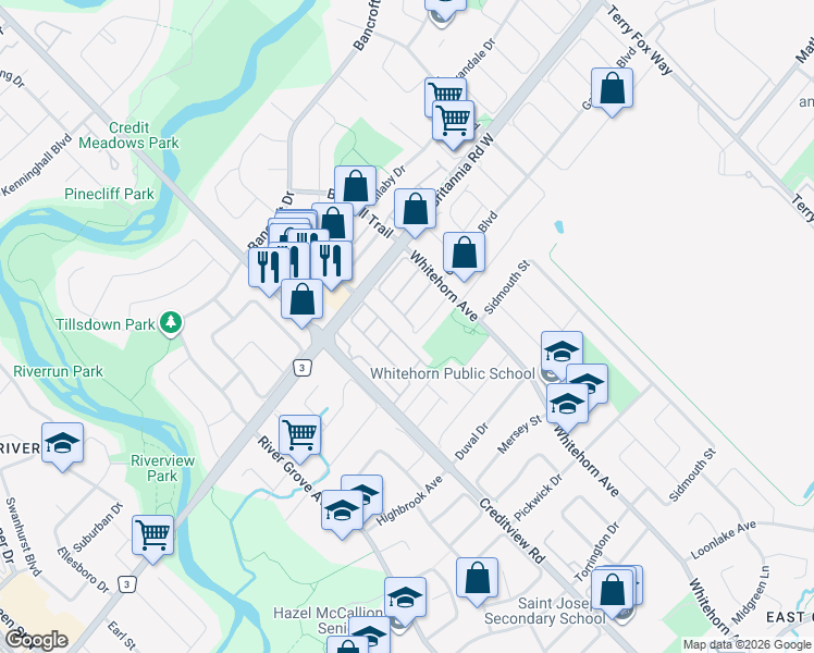 map of restaurants, bars, coffee shops, grocery stores, and more near 5980 Whitehorn Avenue in Mississauga