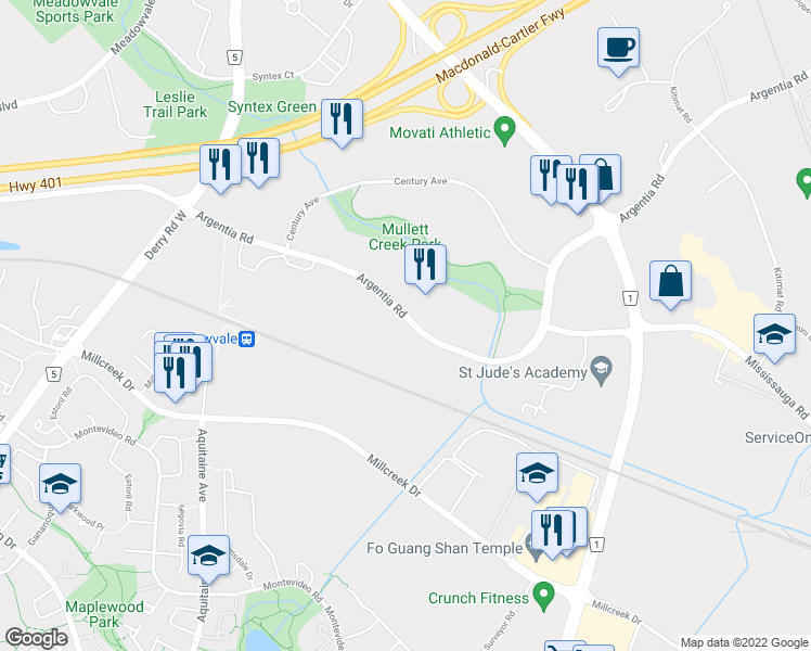 map of restaurants, bars, coffee shops, grocery stores, and more near 2270 Argentia Road in Mississauga