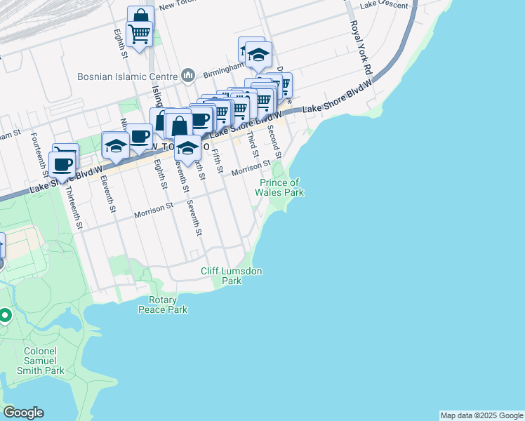 map of restaurants, bars, coffee shops, grocery stores, and more near 41 Lake Shore Drive in Toronto