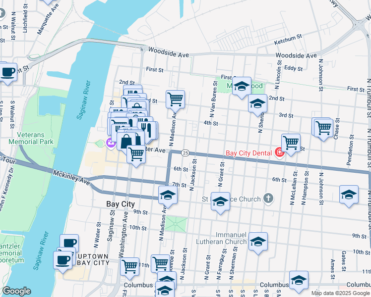 map of restaurants, bars, coffee shops, grocery stores, and more near 702 Center Avenue in Bay City