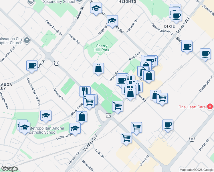 map of restaurants, bars, coffee shops, grocery stores, and more near 873 Hollyhill Court in Mississauga