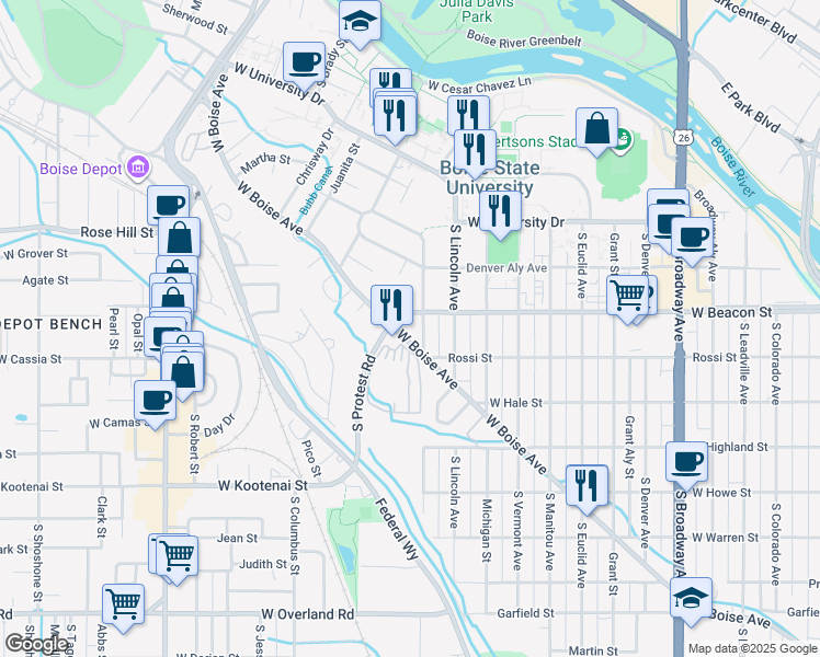 map of restaurants, bars, coffee shops, grocery stores, and more near 1825 Beacon Street in Boise
