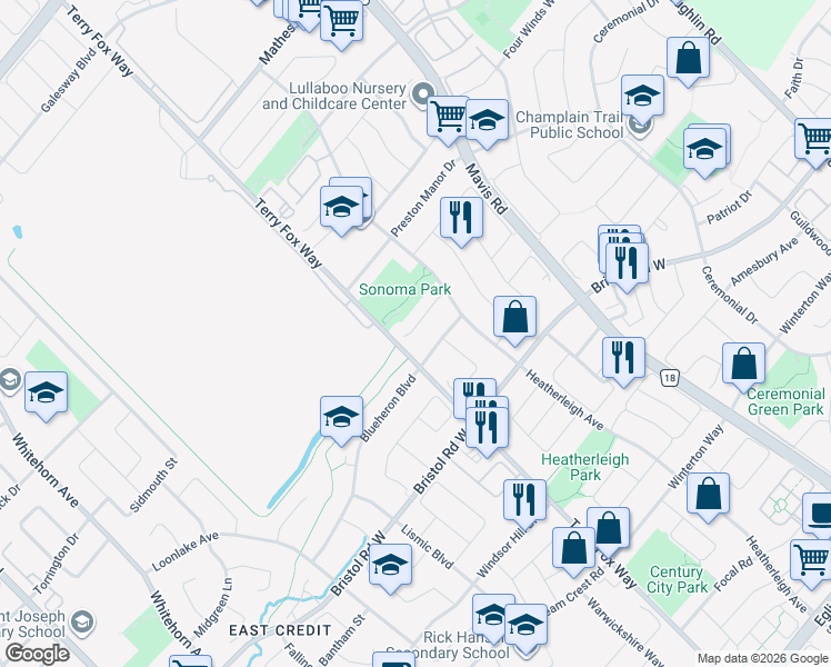 map of restaurants, bars, coffee shops, grocery stores, and more near 970 Sonoma Court in Mississauga