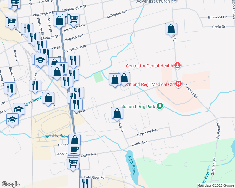 map of restaurants, bars, coffee shops, grocery stores, and more near 69 Allen Street in Rutland