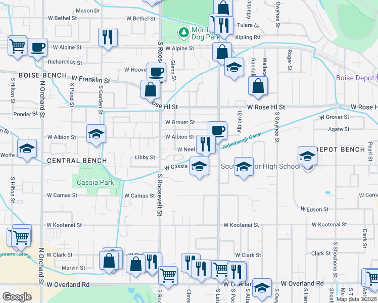 map of restaurants, bars, coffee shops, grocery stores, and more near 4001 Neel Street in Boise