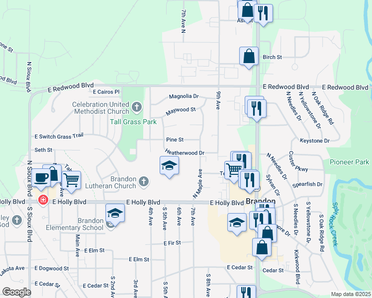 map of restaurants, bars, coffee shops, grocery stores, and more near 817 Heatherwood Drive in Brandon