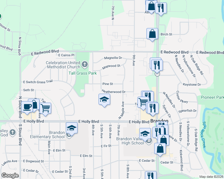 map of restaurants, bars, coffee shops, grocery stores, and more near 817 Heatherwood Drive in Brandon