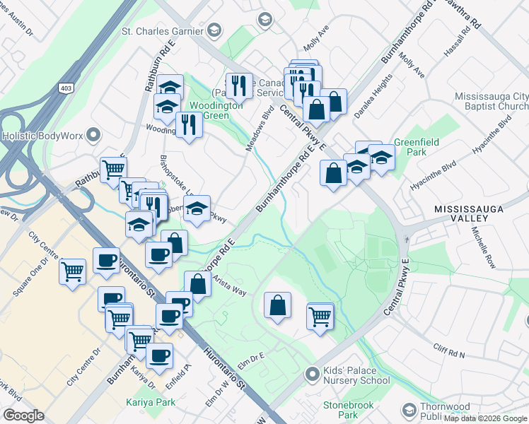map of restaurants, bars, coffee shops, grocery stores, and more near 202 Burnhamthorpe Road East in Mississauga