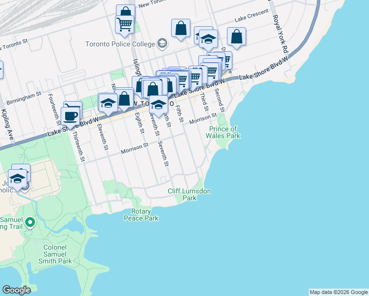 map of restaurants, bars, coffee shops, grocery stores, and more near 52 Fifth Street in Toronto