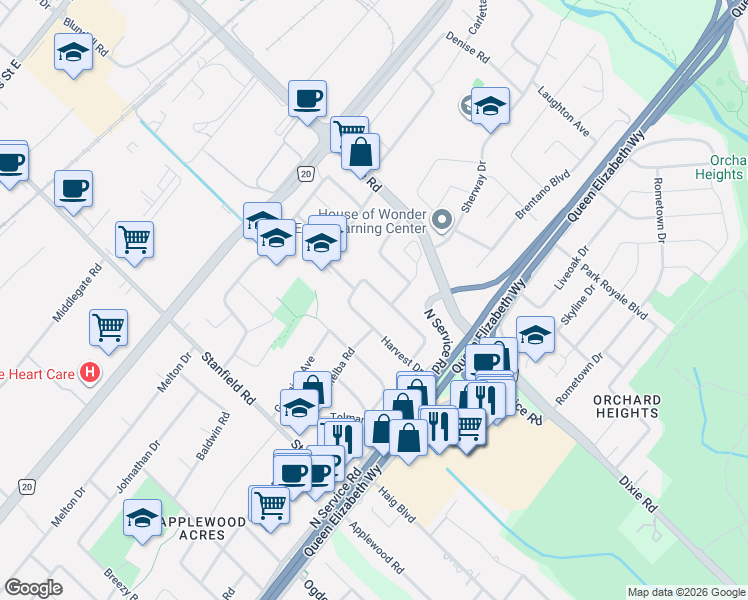 map of restaurants, bars, coffee shops, grocery stores, and more near 2110 Courtland Crescent in Mississauga