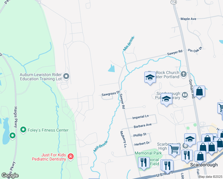map of restaurants, bars, coffee shops, grocery stores, and more near 18 Sawgrass Drive in Scarborough