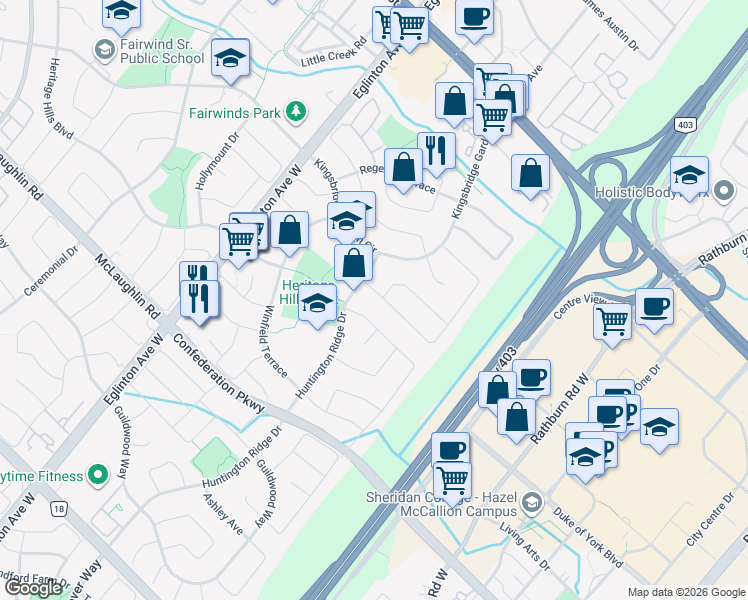 map of restaurants, bars, coffee shops, grocery stores, and more near 4538 Mayflower Drive in Mississauga