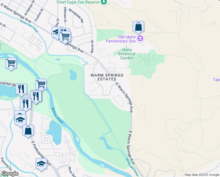 map of restaurants, bars, coffee shops, grocery stores, and more near 2205 East Walling Drive in Boise