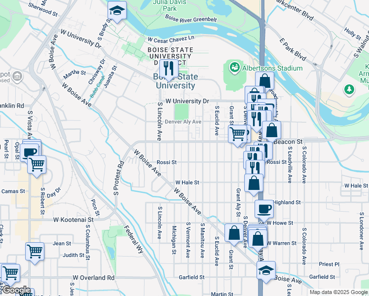 map of restaurants, bars, coffee shops, grocery stores, and more near 1514 Rossi Street in Boise