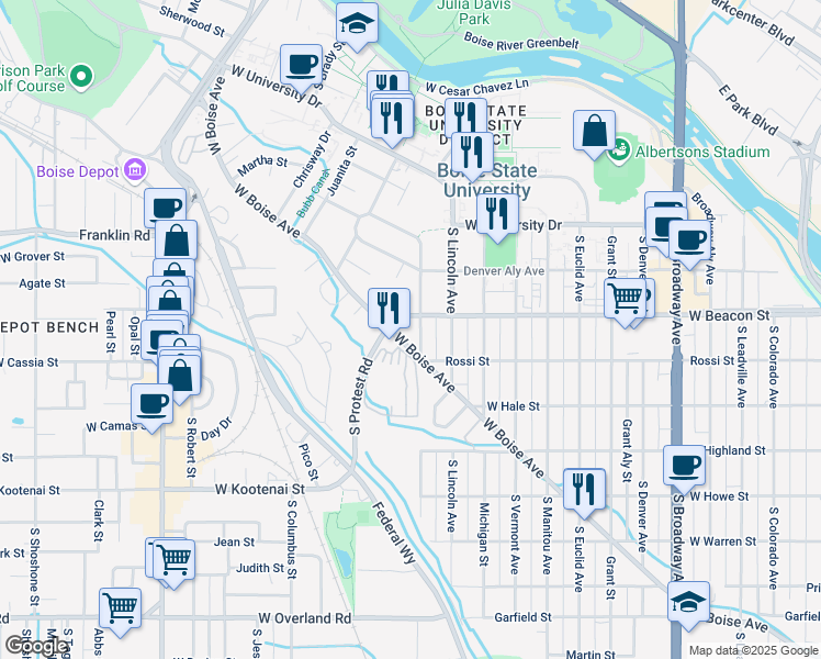 map of restaurants, bars, coffee shops, grocery stores, and more near 1808 West Boise Avenue in Boise